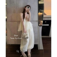 Set bộ nữ áo 2 dây bồng bềnh phối quần ống thụng cá tính, bộ nữ tiểu thư xinh xắn đi chơi