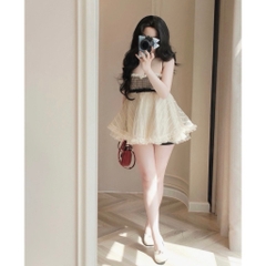 Sét Đồ nữ Áo 2 dây dáng xòe phối bèo xinh, áo hai dây babydoll phối cúp ngực kẻ caro  tiểu thư Hum Fashion Kèm Quần Shor