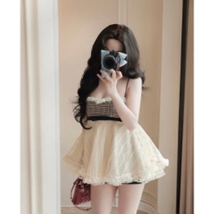 Sét Đồ nữ Áo 2 dây dáng xòe phối bèo xinh, áo hai dây babydoll phối cúp ngực kẻ caro  tiểu thư Hum Fashion Kèm Quần Shor