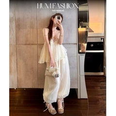Set áo 2 dây kèm quần bo ống, set bộ áo hai dây babydoll phối ren  kèm quần dài bo gấu thắt dây voan tơ tằm Hum Fashion