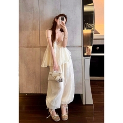 Set áo 2 dây kèm quần bo ống, set bộ áo hai dây babydoll phối ren  kèm quần dài bo gấu thắt dây voan tơ tằm Hum Fashion