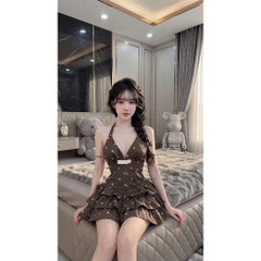 Váy 2 dây cúp ngực 3 tầng chấm bi, đầm hai dây cổ V chiết eo corset xòe tầng gắn nơ tiểu thư  Hum Fashion