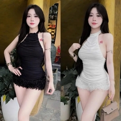 Set áo yếm lưới dây lưng phối quần short lông vũ chuẩn form tôn dáng trẻ trung
