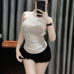 Set áo yếm lưới dây lưng phối quần short lông vũ chuẩn form tôn dáng trẻ trung