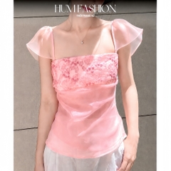 Áo kiểu 2 dây voan tơ thêu hoa dáng xòe màu hồng tiểu thư Hum Fashion