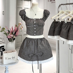 Set bộ nữ kẻ caro phối ren đính nơ xinh xắn, bộ nữ tiểu thư form chiết eo tôn dáng