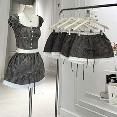 Set bộ nữ kẻ caro phối ren đính nơ xinh xắn, bộ nữ tiểu thư form chiết eo tôn dáng