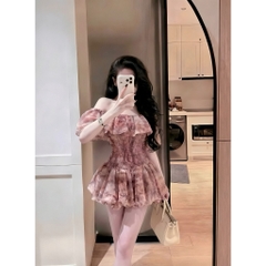 Váy trễ vai nhún eo phối bèo, Đầm trễ vai voan tơ chấm bi bo chun eo xòe tầng bồng bềnh Hum Fashion
