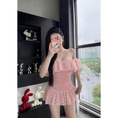 Váy trễ vai nhún eo phối bèo, Đầm trễ vai voan tơ chấm bi bo chun eo xòe tầng bồng bềnh Hum Fashion