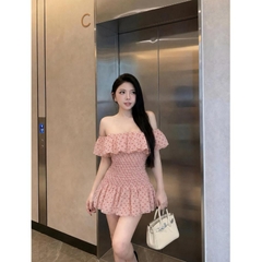 Váy trễ vai nhún eo phối bèo, Đầm trễ vai voan tơ chấm bi bo chun eo xòe tầng bồng bềnh Hum Fashion