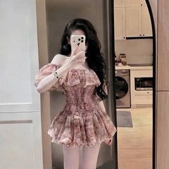 Váy trễ vai nữ họa tiết hoa dệt bồng bềnh, đầm nữ chiết eo tôn dáng phong cách tiểu thư