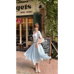 Set bộ nữ áo thun tay lửng phối chân váy lụa midi xoè dài dáng hàn quốc xanh pastel