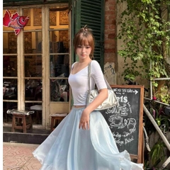 Set bộ nữ áo thun tay lửng phối chân váy lụa midi xoè dài dáng hàn quốc xanh pastel