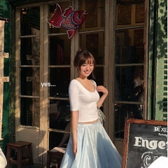 Set bộ nữ áo thun tay lửng phối chân váy lụa midi xoè dài dáng hàn quốc xanh pastel