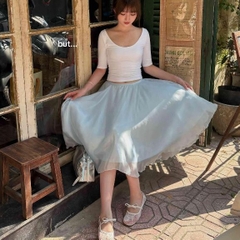 Set bộ nữ áo thun tay lửng phối chân váy lụa midi xoè dài dáng hàn quốc xanh pastel