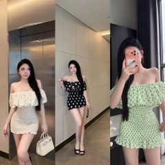 Đầm voan tơ trễ vai bèo nhún bo chun ôm body Hum Fashion