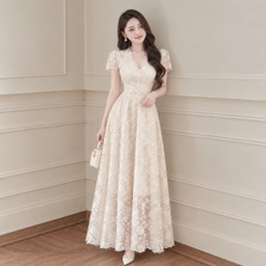 Đầm váy nữ ren ngắn tay cổ chữ V dáng dài xòe xinh xắn có lớp lót mềm mịn đi tiệc Mochi Trend