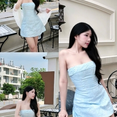Váy cúp ngực thêu hoa màu xanh tiffany phối áo khoác tơ nhẹ nhàng xinh xắn đi chơi dạo phố Mochi Trend