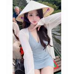 Set Váy 2 dây nữ cổ phối ren màu pastel mix áo cardigan mỏng nhẹ nữ tính Mochi Trend