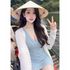 Set Váy 2 dây nữ cổ phối ren màu pastel mix áo cardigan mỏng nhẹ nữ tính Mochi Trend