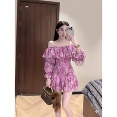 Đầm voan tơ trễ vai bèo nhún hoa vintage bo chun eo tay lỡ bồng Hum Fashion
