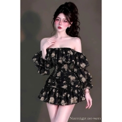 Vãy nữ trễ vai hoạ tiết hoa thêu nổi sang chảnh, váy nữ chất tơ có lớp lót đi chơi đi tiệc Mochi Trend