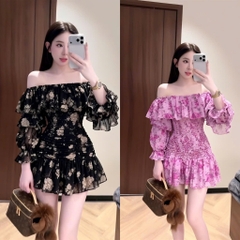 Vãy nữ trễ vai hoạ tiết hoa thêu nổi sang chảnh, váy nữ chất tơ có lớp lót đi chơi đi tiệc Mochi Trend
