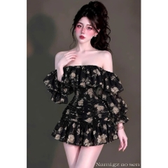 Vãy nữ trễ vai hoạ tiết hoa thêu nổi sang chảnh, váy nữ chất tơ có lớp lót đi chơi đi tiệc Mochi Trend