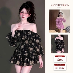 Vãy nữ trễ vai hoạ tiết hoa thêu nổi sang chảnh, váy nữ chất tơ có lớp lót đi chơi đi tiệc Mochi Trend