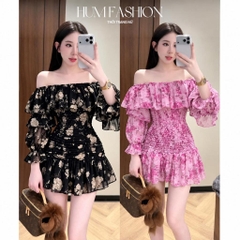Đầm voan tơ trễ vai bèo nhún hoa vintage bo chun eo tay lỡ bồng Hum Fashion