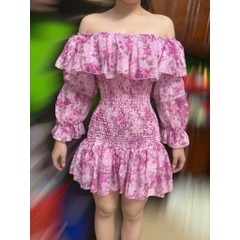 Đầm voan tơ trễ vai bèo nhún hoa vintage bo chun eo tay lỡ bồng Hum Fashion