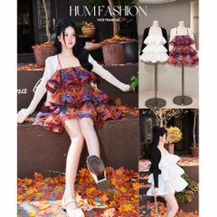 Set váy 2 dây voan tơ xếp tầng bèo xòe bồng kèm áo khoác cardigan mỏng 2 màu Hum Fashion