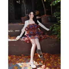 Set váy 2 dây voan tơ xếp tầng bèo xòe bồng kèm áo khoác cardigan mỏng 2 màu Hum Fashion