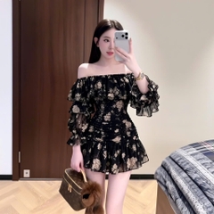 Đầm voan tơ trễ vai bèo nhún hoa vintage bo chun eo tay lỡ bồng Hum Fashion