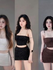Sét đồ nữ hotrend áo 2S lưới đính đá chân váy nhún ôm body cá tính quyến rủ thời trang mới mẻ và nổi bật
