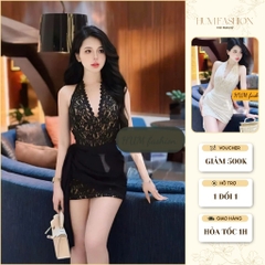 Đầm body ren cổ yếm tà sườn nhún ôm form có miếng lót chống lộ