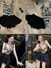 Sét đồ nữ hotrend áo bodysuit vằn ngựa khoét lỗ mix chân váy xòe chất liệu thun mềm mại và mango phong cách hiện đại