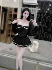 Sét đồ nữ 3 món thu đông váy xếp li áo cúp viền nơ ziczac kèm áo khoác chất liệu mango