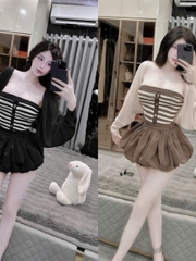 Sét đồ nữ thu đông 3 món váy dáng bí áo cúp sọc kẻ đính nút mix áo khoác chất liệu thun giấy và mango