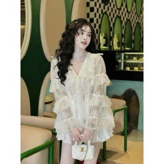 Sét đồ nữ váy xốp nhún áo ren babydoll tay dài tầng