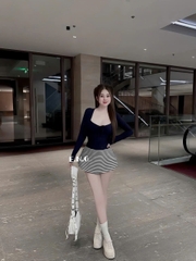 Sét đồ nữ 3 món chân váy sọc kẻ áo thun 2 dây kèm áo khoác chất liệu thun cotton co giãn có lót và mút thời trang cho nữ