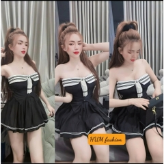 Sét bộ nữ tiểu thư chân váy phối viền áo cúp ngực có dây vai