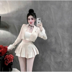 Sét bộ vest 3 món áo tay dài phối lông tay chân váy xếp li kèm áo ống nữ