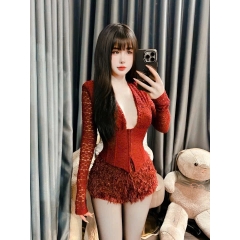 Sét đồ nữ giáng sinh váy lông ngỗng áo ren cổ chữ V tay dài, bộ đô