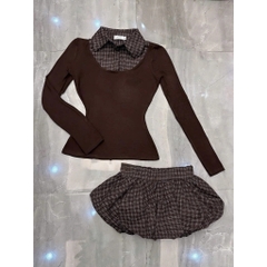 Sét đồ nữ thu đông phong cách học đường quần caro dáng bí phối áo thun borip chất liệu caro cotton