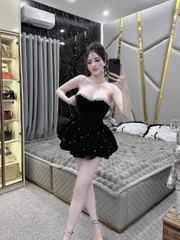 Đầm cúp nhung kim sa đính đá dáng bí kèm quần bảo hộ cho nữ mùa giáng sinh chất liệu mềm mại đính đá tinh tế