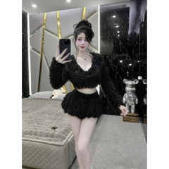 Sét nữ mùa giáng sinh áo lông tay dài cổ tim mix quần bí siu hách dáng chất liệu lông ngỗng mềm mại ấm áp thời trang mới