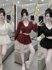 Sét nữ mùa giáng sinh áo lông tay dài cổ tim mix quần bí siu hách dáng chất liệu lông ngỗng mềm mại ấm áp thời trang mới