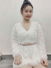 Sét nữ mùa giáng sinh áo lông tay dài cổ tim mix quần bí siu hách dáng chất liệu lông ngỗng mềm mại ấm áp thời trang mới
