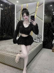 Sét nữ mùa giáng sinh áo lông tay dài cổ tim mix quần bí siu hách dáng chất liệu lông ngỗng mềm mại ấm áp thời trang mới